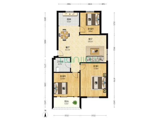 岸芷汀兰 3室2厅1卫 102平方