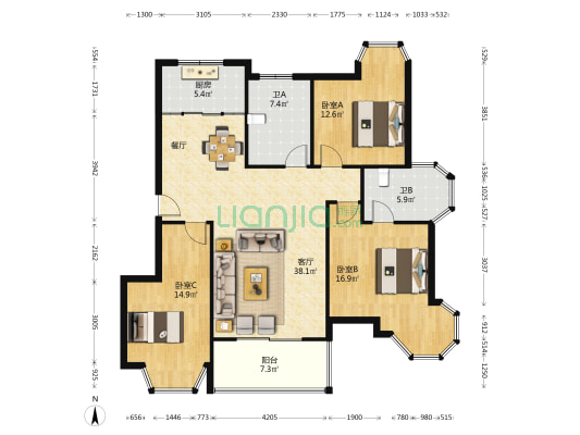 东方御景 3室1厅2卫 130平方