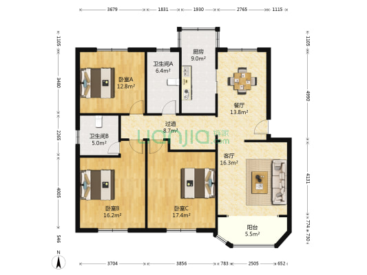 庆华苑 3室2厅2卫 131平方