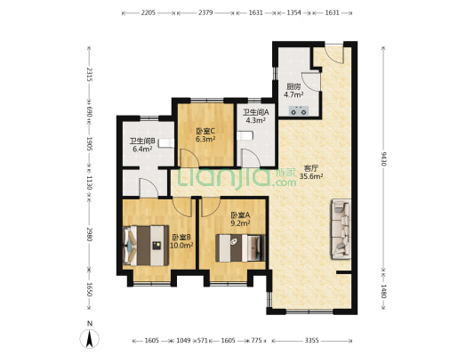 潮白河孔雀城雅欣园 3室1厅2卫 109平方
