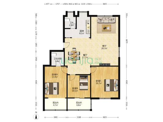 新族公寓 3室2厅2卫 127平方