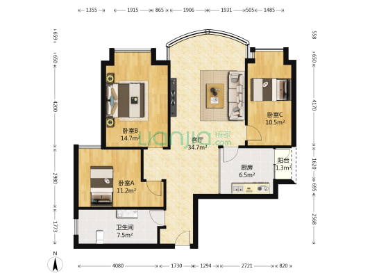 汇景新城棕榈园 3室1厅1卫 113平方