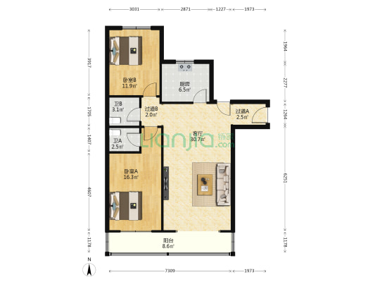 都市花园 2室1厅2卫 105平方