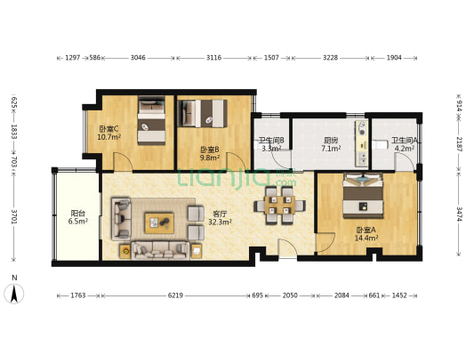 现代华庭 3室1厅2卫 110平方