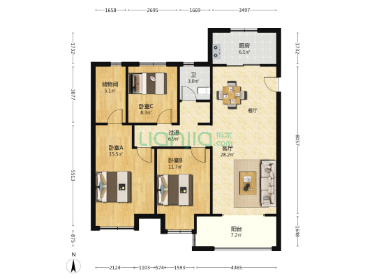 景安家园 3室1厅1卫 123平方