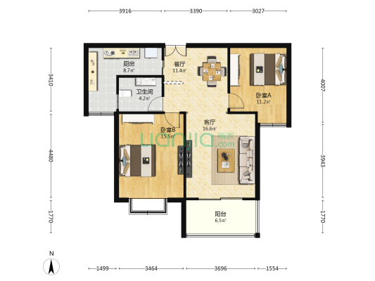 尚诚国际苑 2室2厅1卫 88平方
