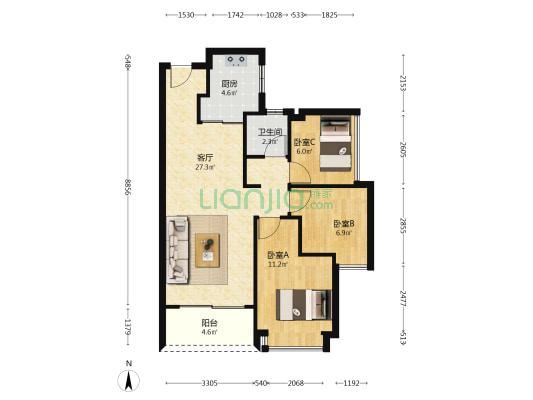 天健东玥台 3室1厅1卫 84平方