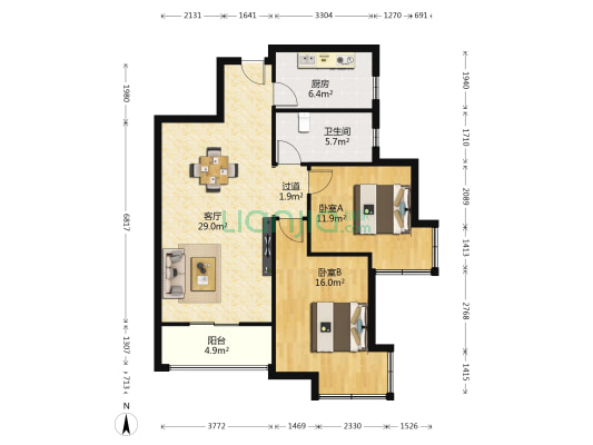 长安中央广场 2室1厅1卫 88平方