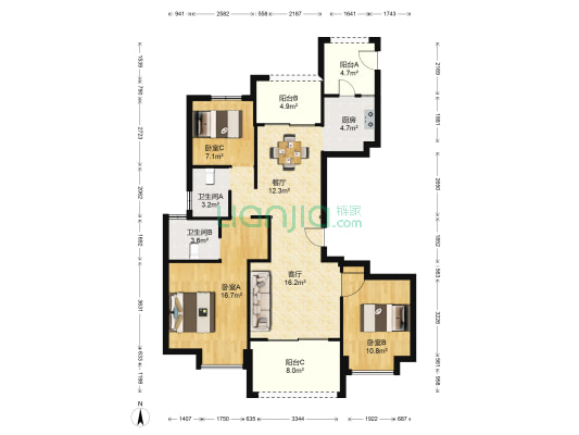 金晖家园 3室2厅2卫 102平方