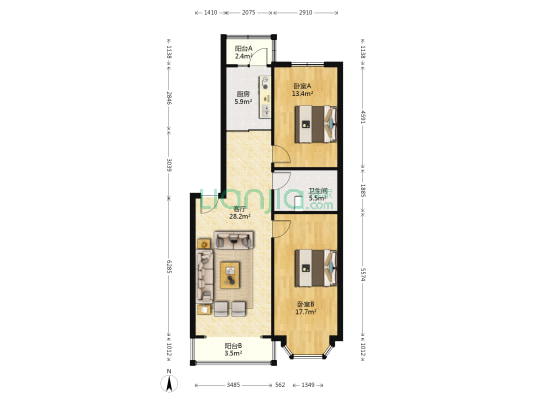金豪斯经典 2室1厅1卫 93平方