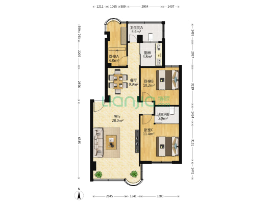 永升海联中心 3室2厅2卫 90平方