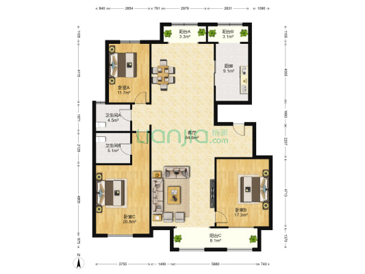 新世界家园三区 3室1厅2卫 182平方