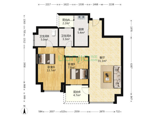 都城雅颂居 2室1厅2卫 91平方