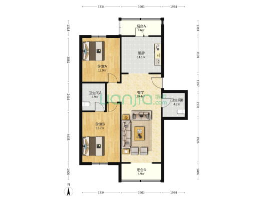 馨顺园 2室1厅2卫 109平方