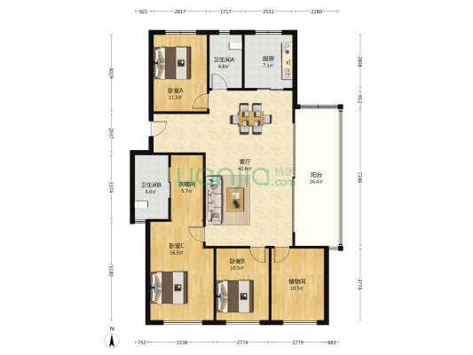 印湘江一期 3室1厅2卫 171平方