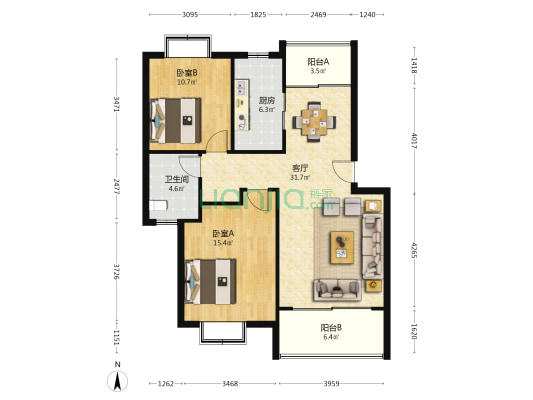 上南雅筑 2室1厅1卫 90平方