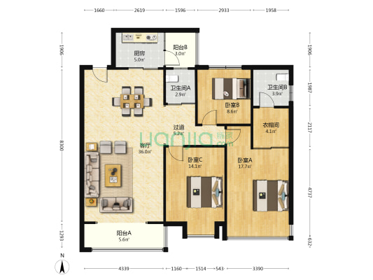 昱盛东方明珠 3室1厅2卫 139平方