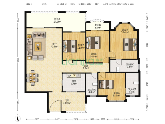 华府壹号 4室1厅3卫 178平方