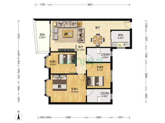港湾苑 3室1厅2卫 95平方