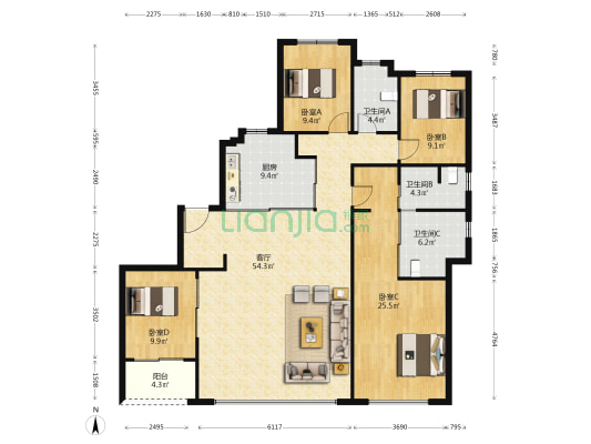 槐望观邸 4室1厅3卫 191平方
