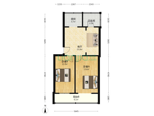 石汇宿舍 2室1厅1卫 62平方