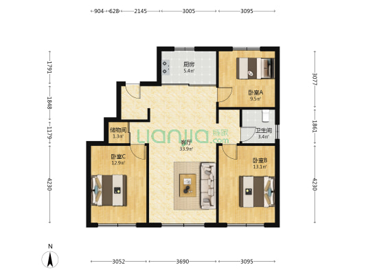万科向日葵小镇东郡冬望里 3室1厅1卫 99平方