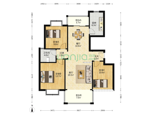 远泉绿城 3室2厅1卫 103平方