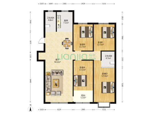 城市經典 4室1厅2卫 85平方