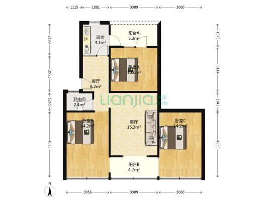 建设路91号院 3室2厅1卫 96平方