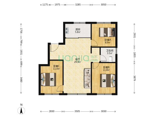 万科西宸之光 3室1厅1卫 96平方