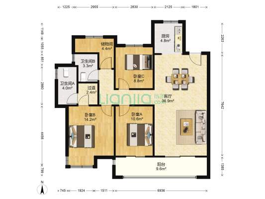 阳光城海悦府 3室1厅2卫 144平方