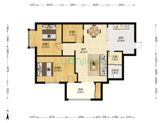 龙湖翡翠 3室1厅1卫 120平方