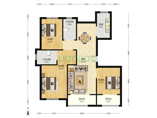 颐景园 3室1厅2卫 136平方