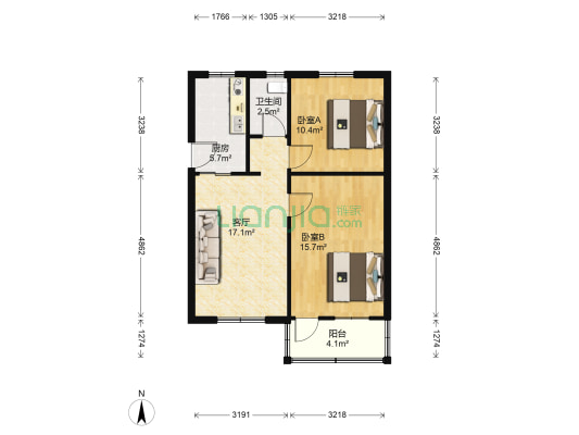 财神里小区 2室1厅1卫 70平方