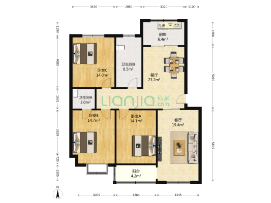 新宁住宅小区 3室2厅2卫 128平方