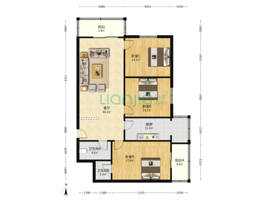 潘家村小区西区 3室1厅2卫 124平方