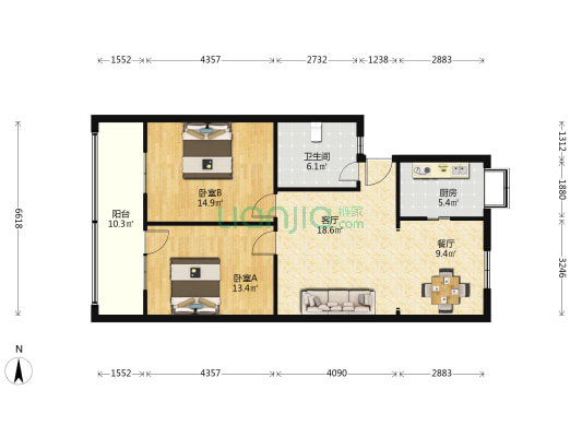 城北路6号院 2室2厅1卫 90平方