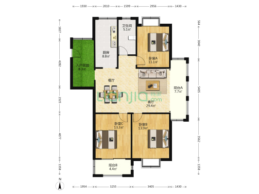 联邦花园 3室1厅1卫 123平方