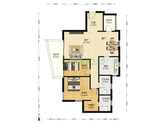 鸿艺豪苑 2室1厅2卫 122平方