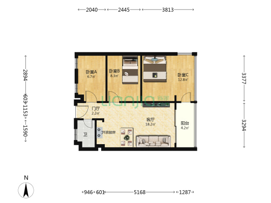 绿岛小区（绿岛新居） 3室1厅1卫 68平方