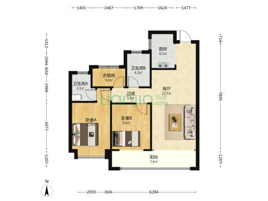 东部时代城 2室1厅2卫 102平方