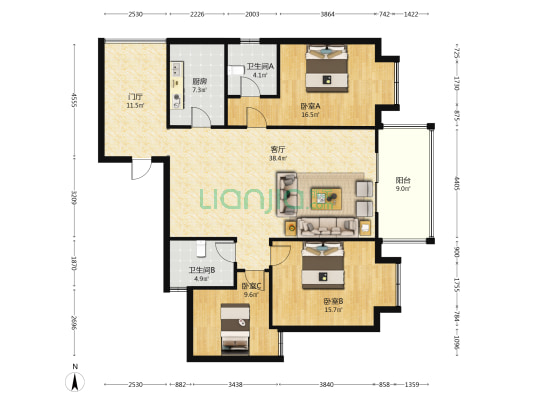 兰岛 3室1厅2卫 124平方