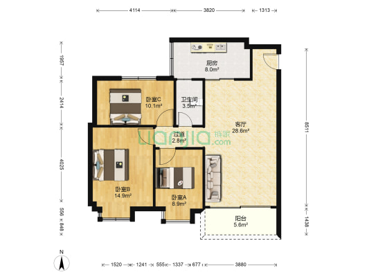 豪润名苑 3室1厅1卫 94平方