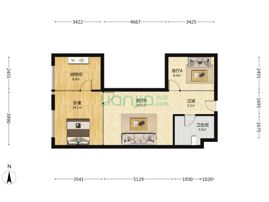 亨源通世纪广场 1室2厅1卫 90平方