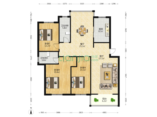 天一阁 3室2厅2卫 139平方