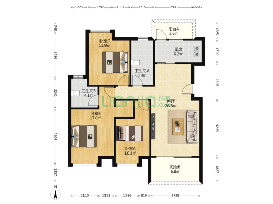 利森红郡 3室1厅2卫 108平方