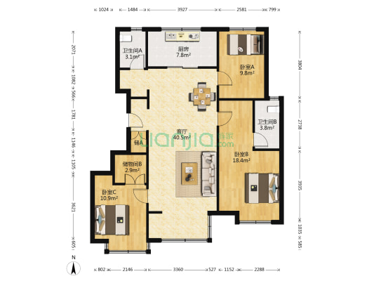 万科龙湖城市之光北区 3室1厅2卫 128平方