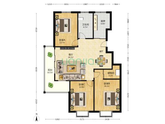 金海花园(平度) 3室1厅1卫 126平方