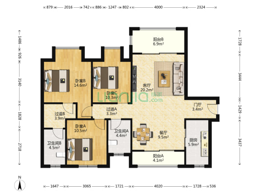 中国铁建花语城 3室2厅2卫 128平方