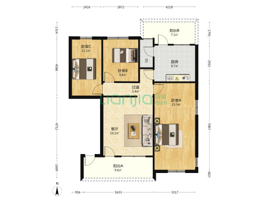 安靖乡建行宿舍 3室1厅1卫 103平方